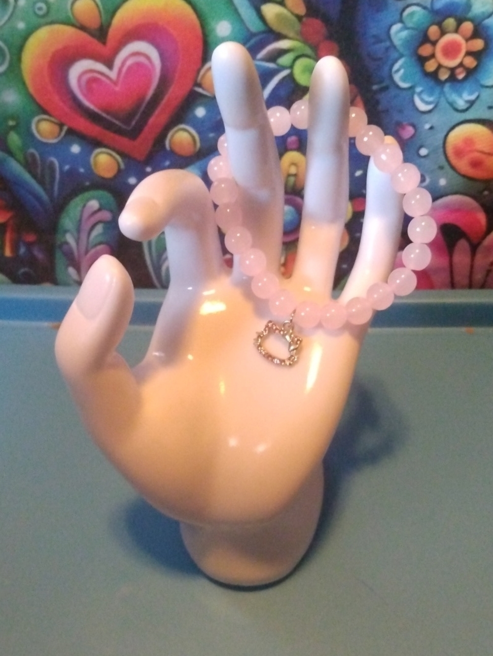Rose Quartz Beaded Heart Charm Bracelet - Size 7